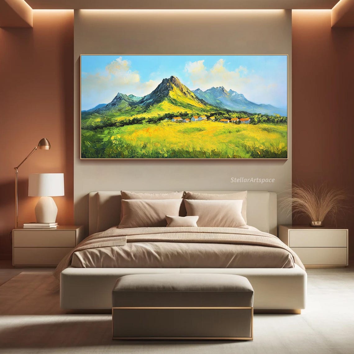 Original Mountain Painting On 3d Green Fields Textured Wall Art Peaceful Valley Painting Modern Rustic Decor Large Living Room Art - Image 4