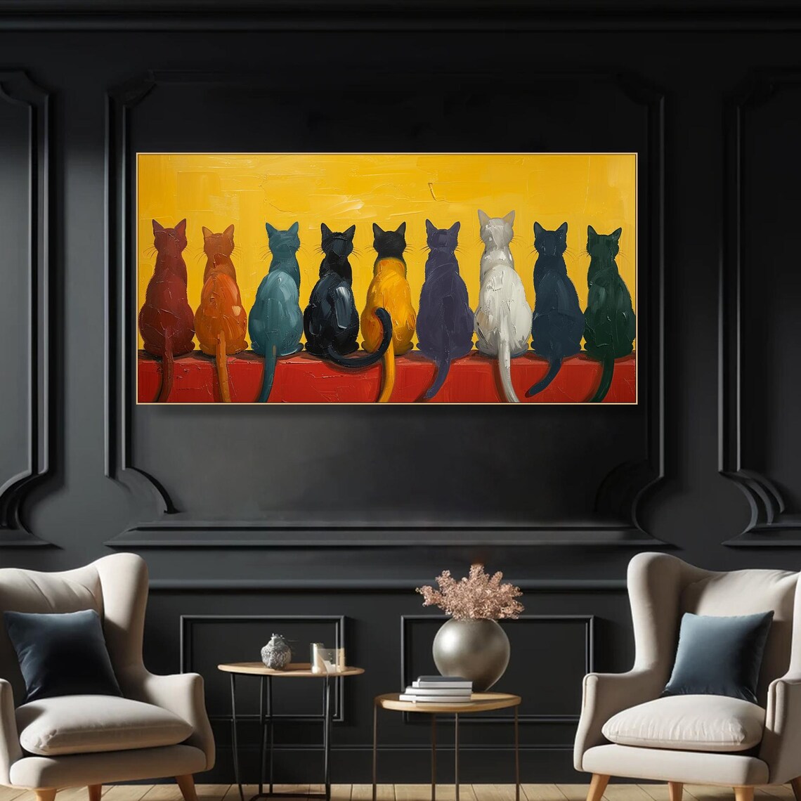Nine Cats Sitting Row Bold Yellow Whimsical Colorful Cat Oil Poster - Image 2