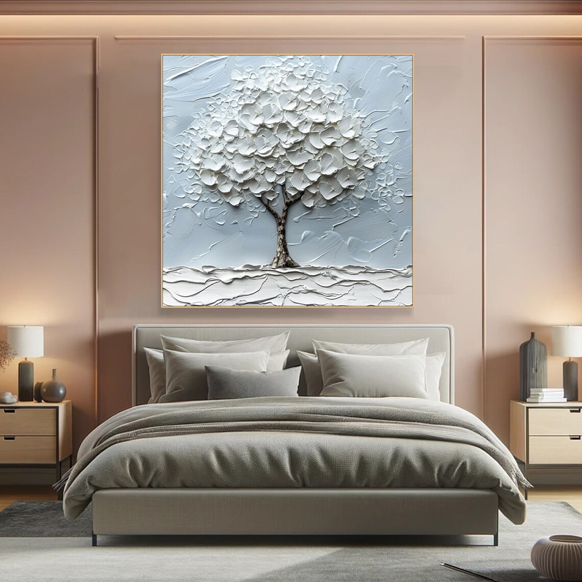 White Tower Tree Oil Painting On Elegant Abstract Tree Texture Wall Art Unique Tree Living Room Decor Custom Over Sofa Decor - Image 5