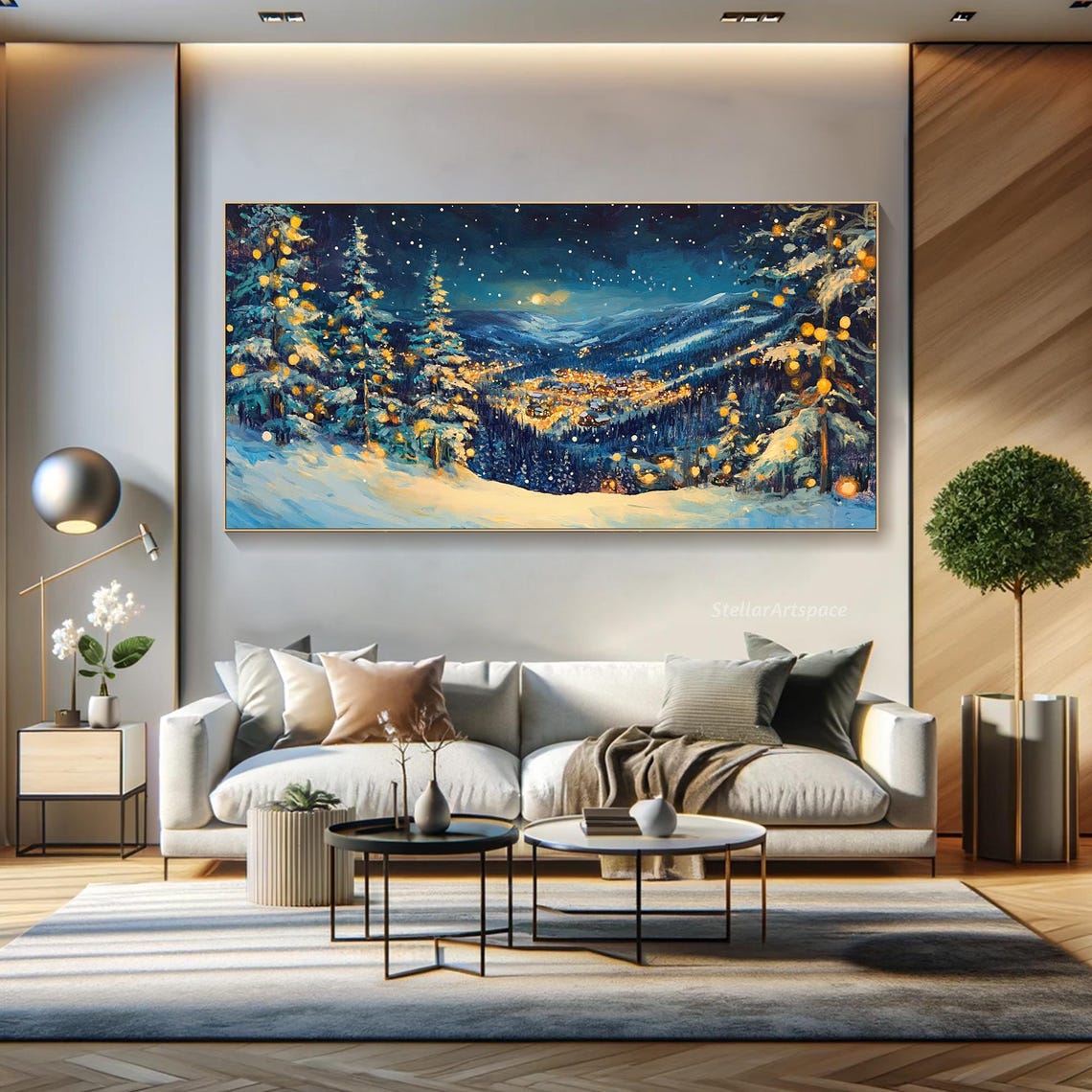 Snowy Village Christmas Night Lights Starry Mountain Winter Poster - Image 4