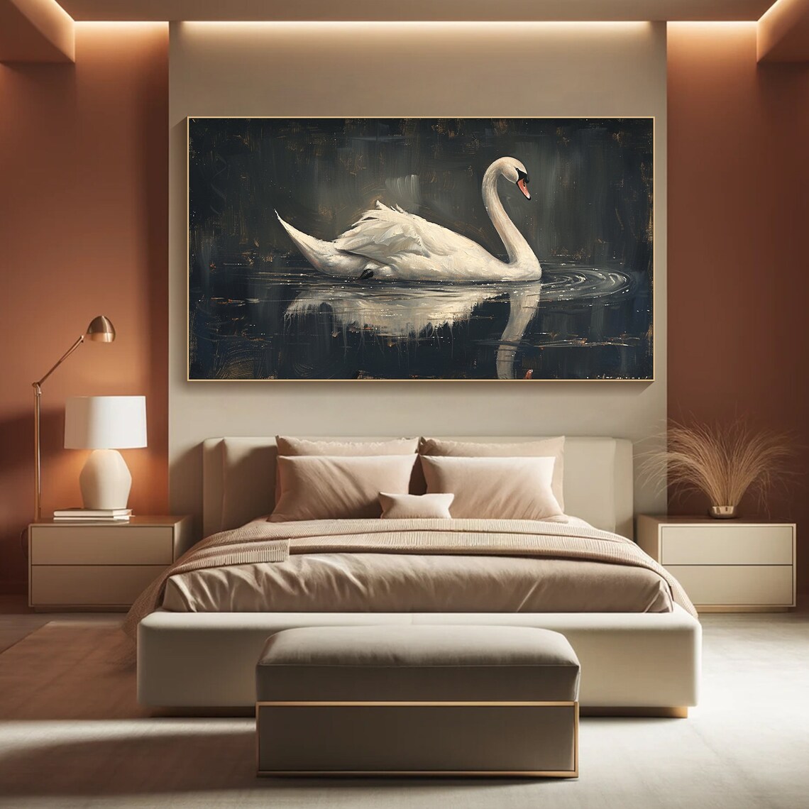 White Swan Dark Lake Reflection Elegant Oil Painting Bird Poster - Image 6
