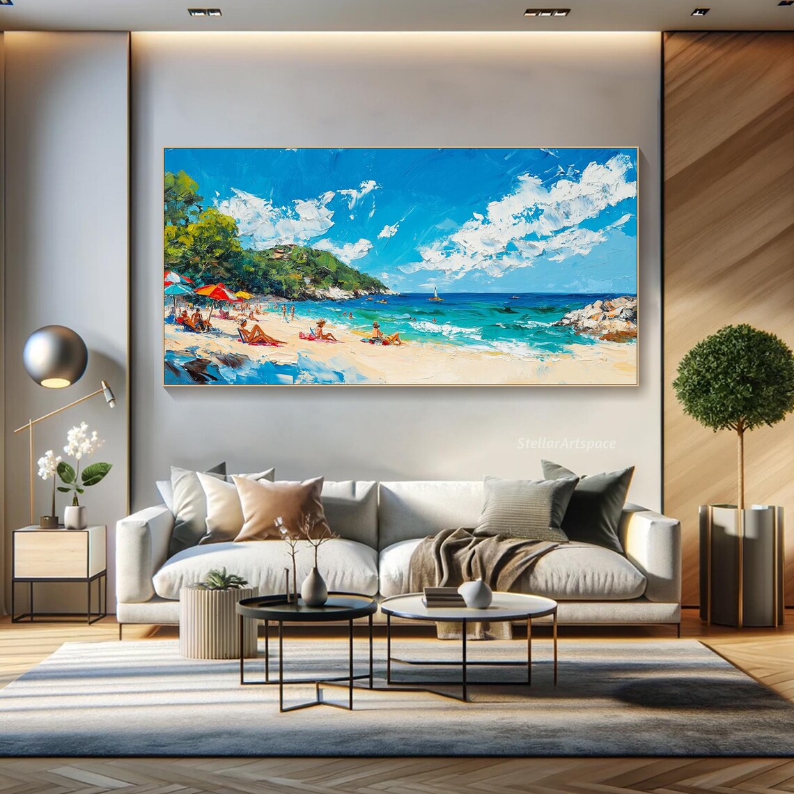 Sunny Beach Day Swimmers Sailboat Turquoise Bay Impasto Poster - Image 3