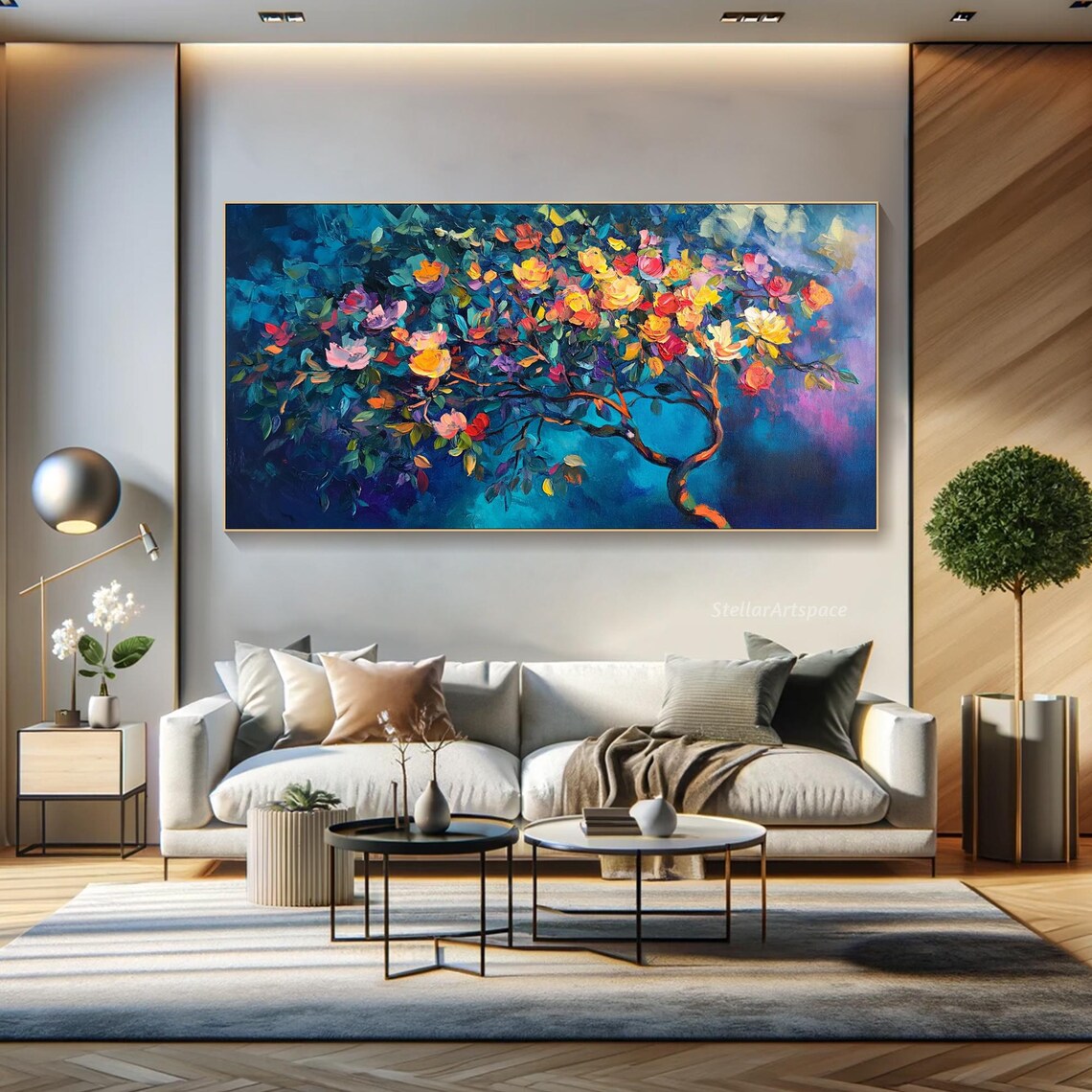 Blossom Tree Rainbow Flowers Teal Night Sky Impasto Art Poster - Image 2
