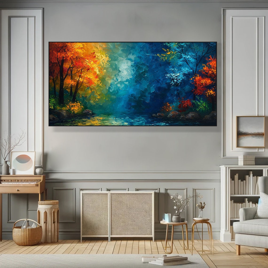 Autumn Forest Stream Fiery Red Trees Blue Impasto Landscape Poster - Image 6