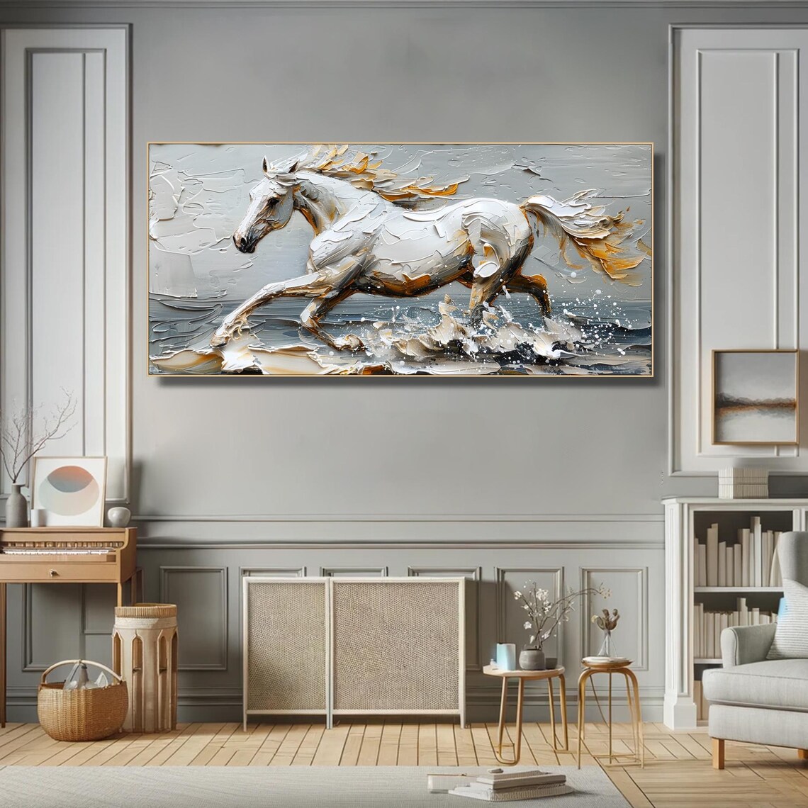 Majestic White Horse Galloping Neutral Gray Gold Impasto Art Poster - Image 6