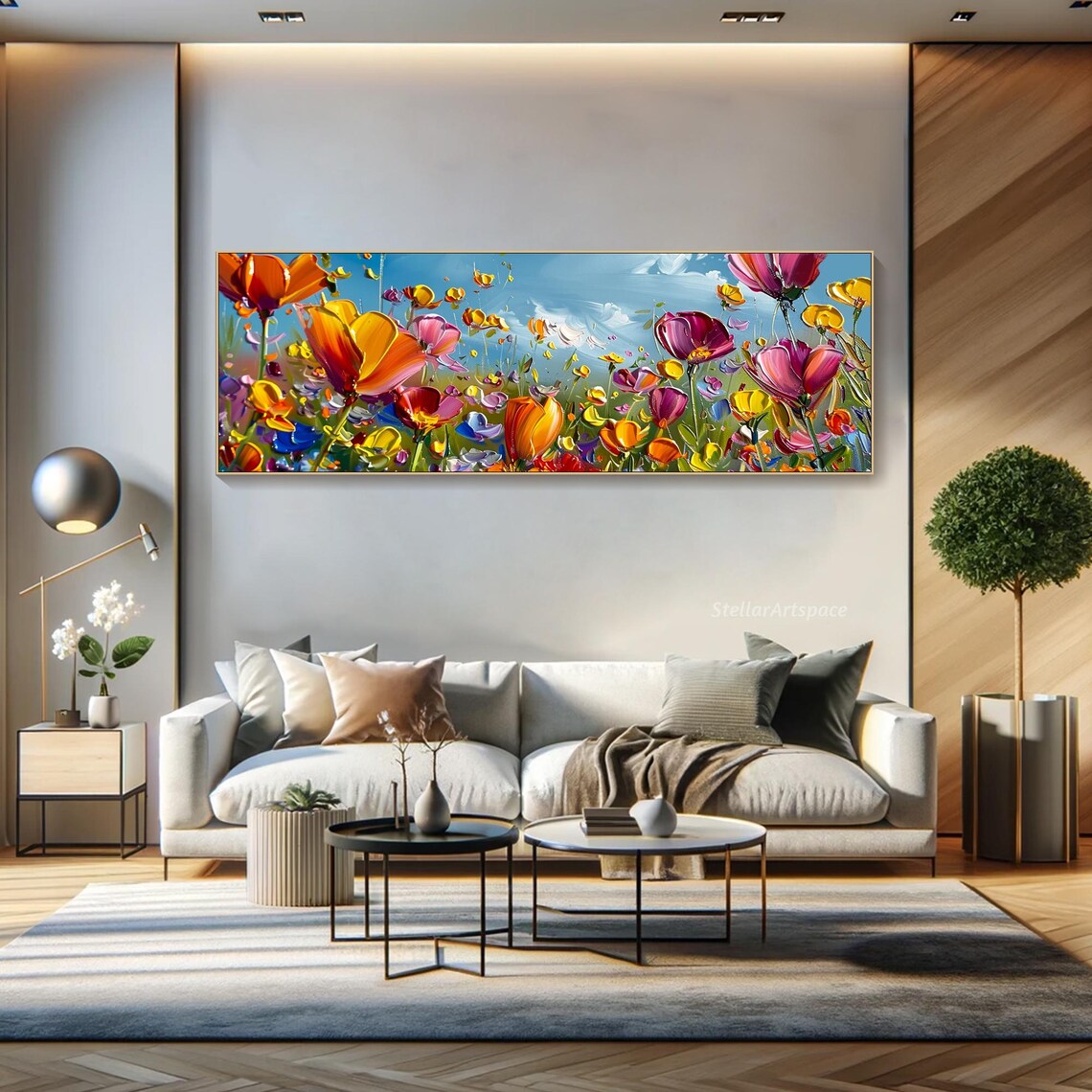 Wildflower Field Colorful Tulips Blue Sky Panoramic Impasto Poster - Image 4