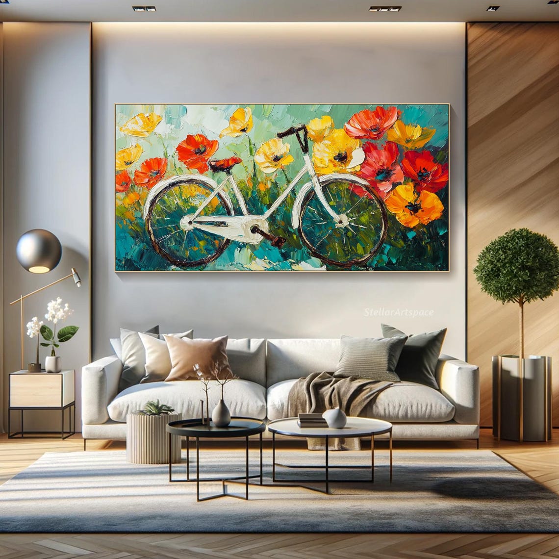 Bicycle Flower Painting On Cavnas 3d Textured Floral Bike Art Modern Impressionist Art Living Room Wall Art Colorful Bike Lover Gift Cyclist - Image 3