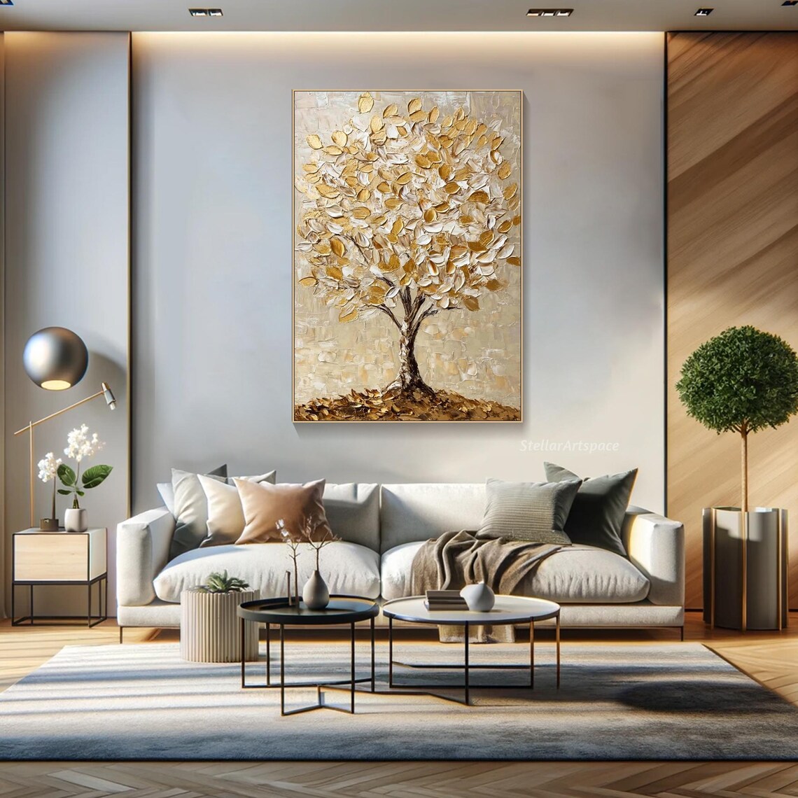 Gold Tree Of Life White Gold Leaves Neutral Elegant Wall Art - Image 3