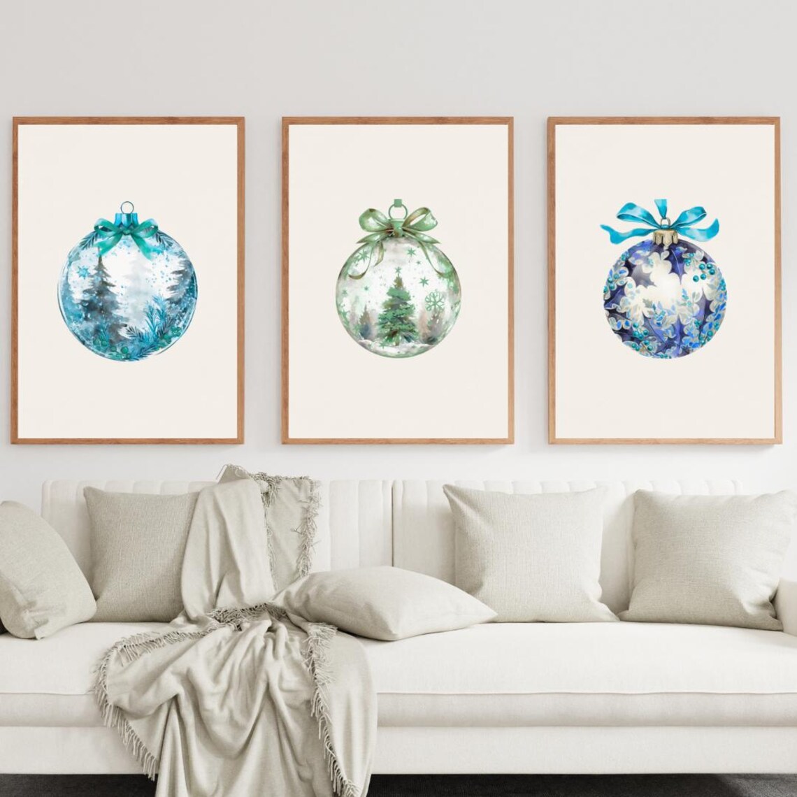 Blue Christmas Ornament Baubles Set of 3 Watercolor Holiday Poster