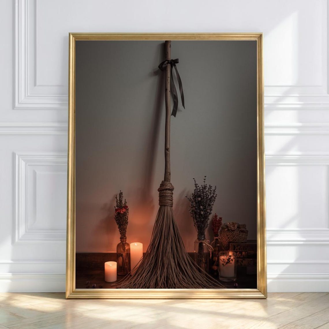 Witchs Hearth Rustic Broom Still Life Magical Autumn Home Art