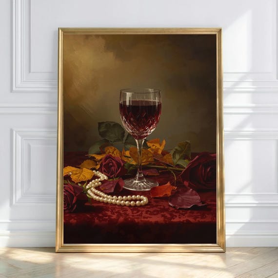 Wine Glass Wall Art Gothic Glam Red Roses Pearls Autumn Decor