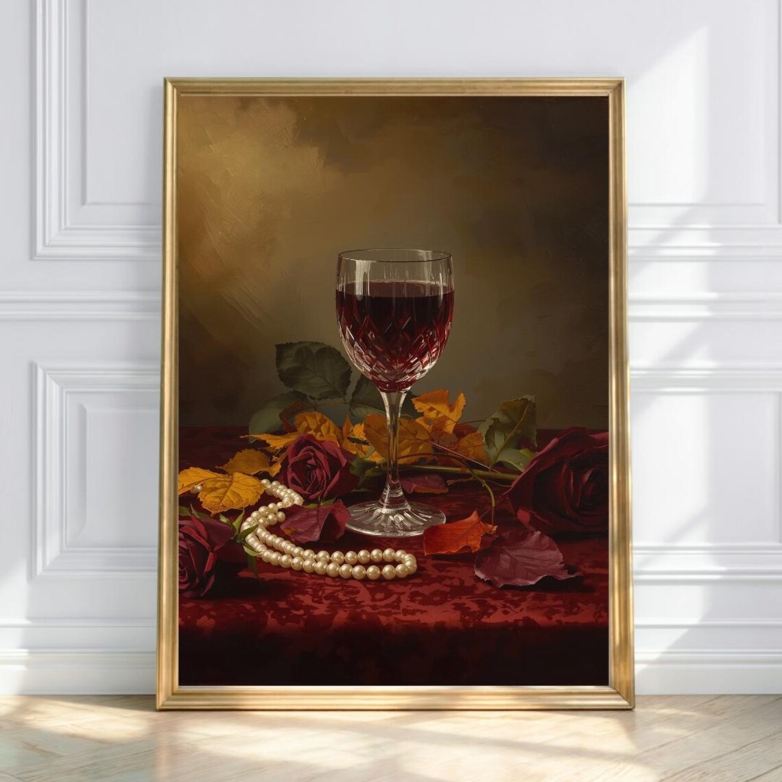 Red Wine Glass With Roses And Pearls Autumn Still Life Poster