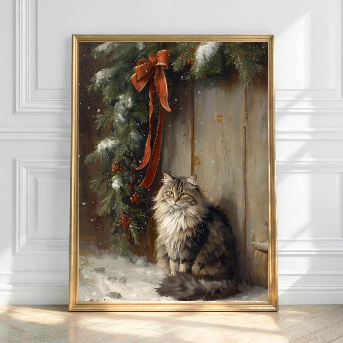 Fluffy Long Haired Barn Cat in Snow Evergreen Holiday Poster