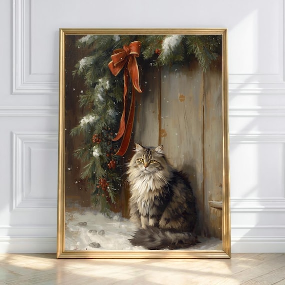 Fluffy Long Haired Barn Cat in Snow Evergreen Holiday Poster