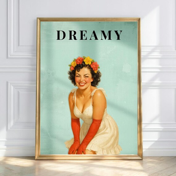 Dreamy Retro Pin Up Girl Flower Crown White Dress Vintage Poster