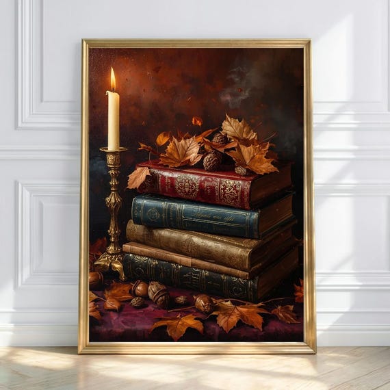 Vintage Books Wall Art Autumn Gothic Candle Fall Leaves Still Life