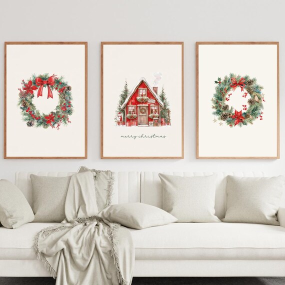 Christmas Wreath and Cottage Set of 3 Holiday Watercolor Poster