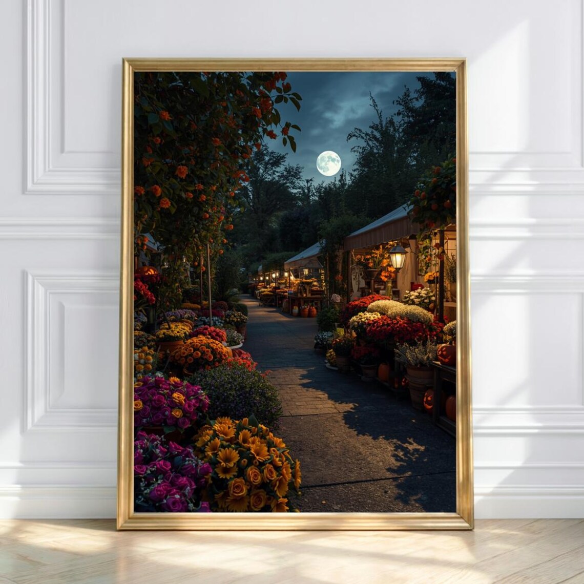 Moonlit Flower Market Street Full Moon Lanterns Twilight Poster