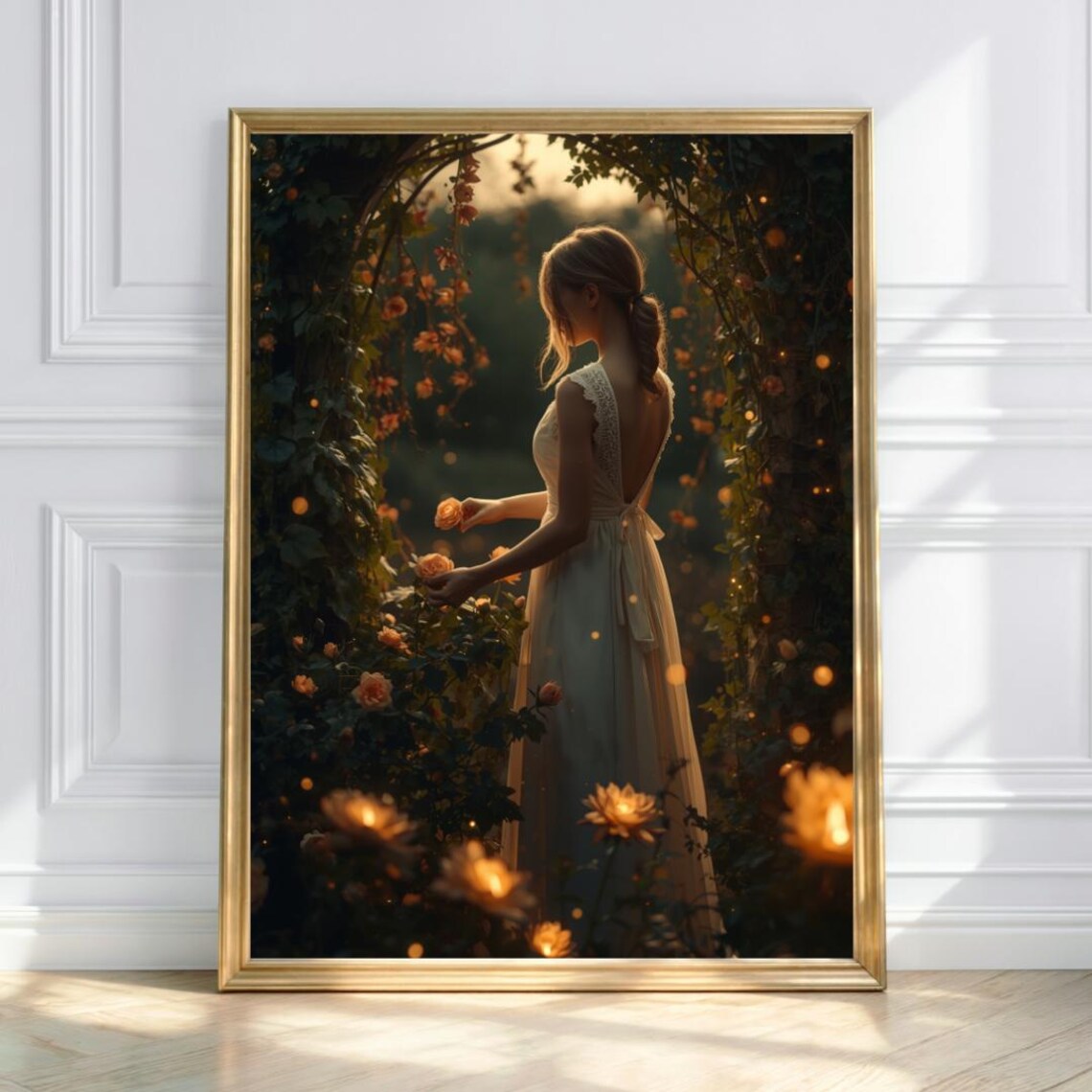Woman in White Dress Under Flower Arch Golden Hour Glow Poster