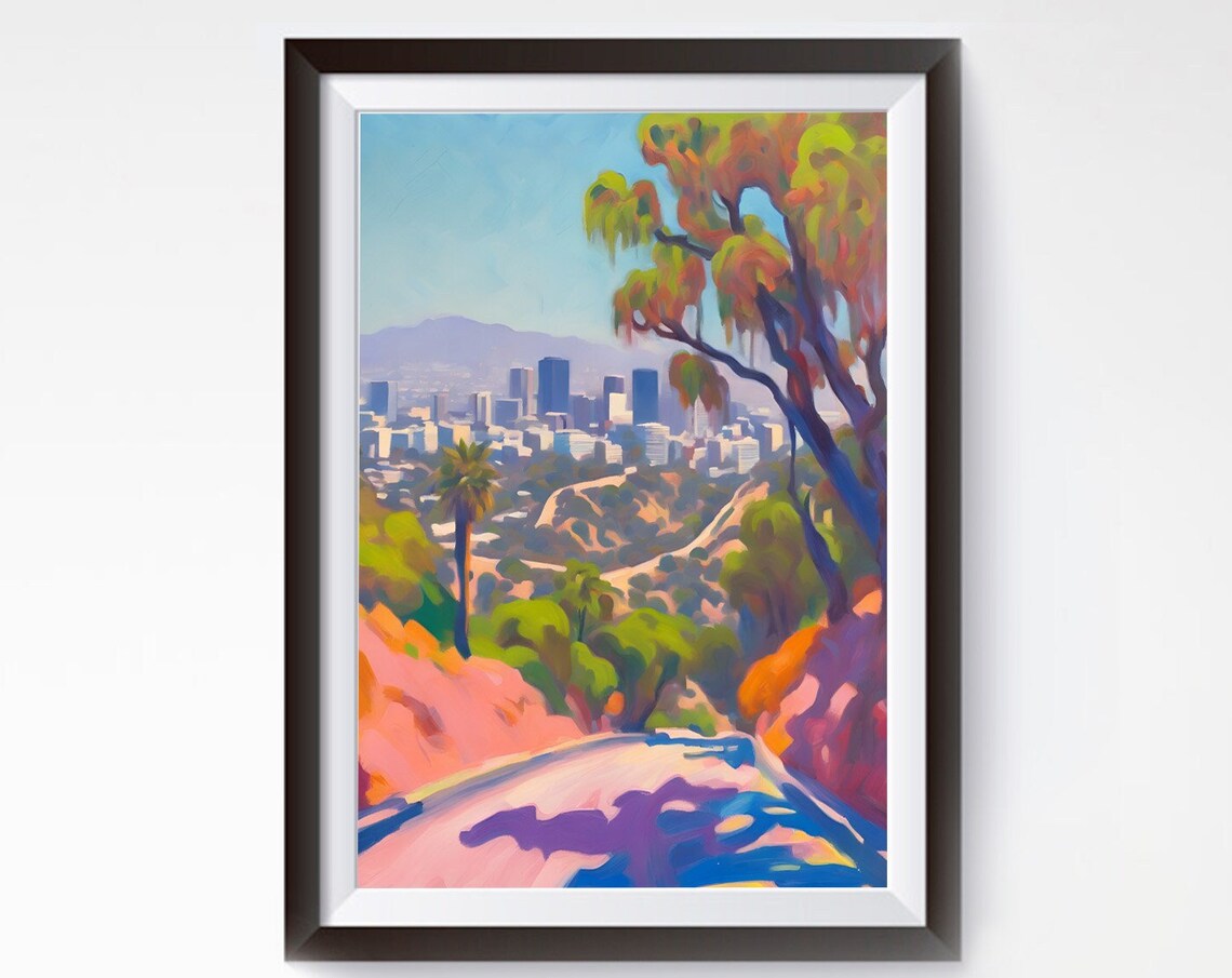 Colorful Runyon Canyon Pastel Art Poster Los Angeles Skyline View