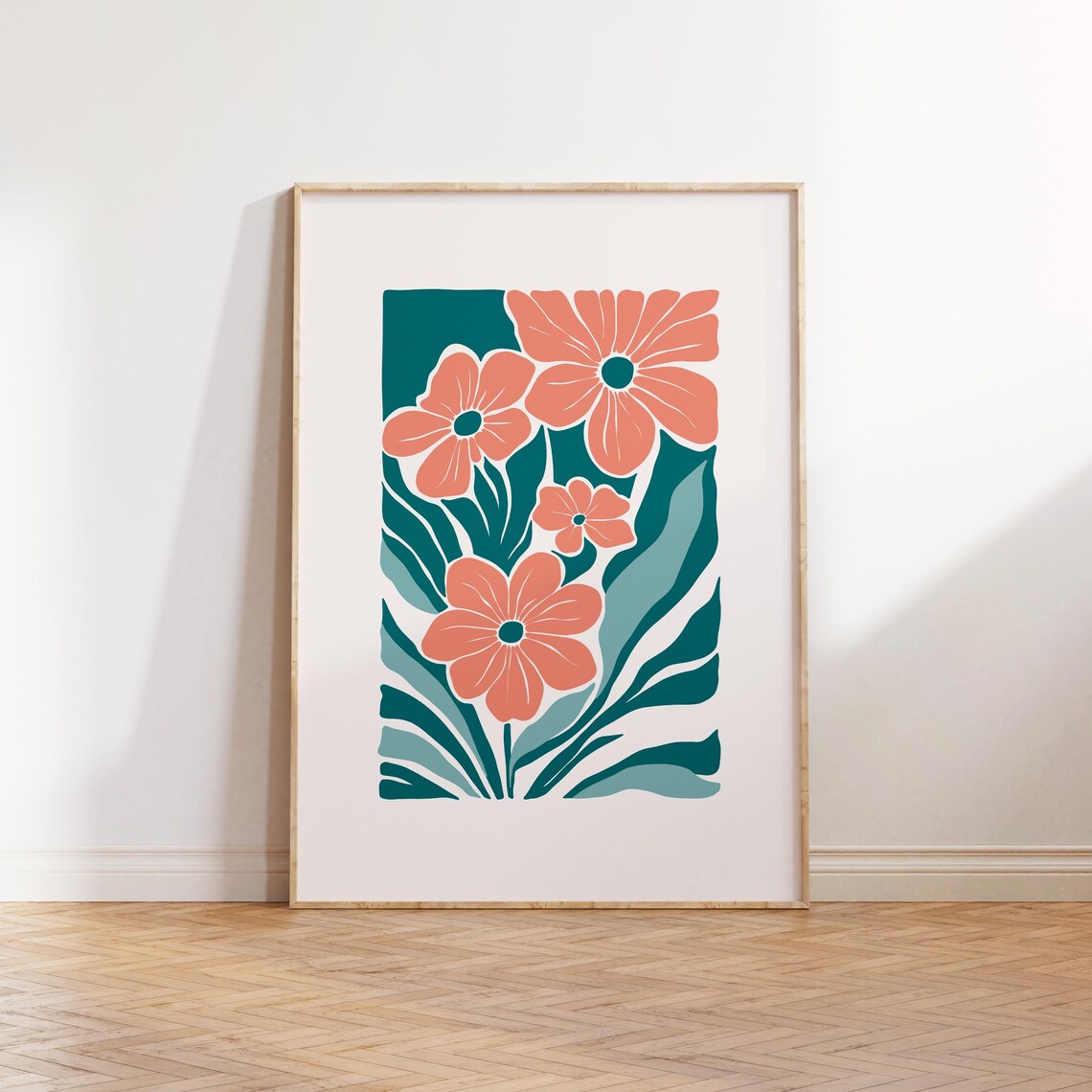 Coral Flowers Teal Leaves Bold Modern Floral Tropical Art Poster