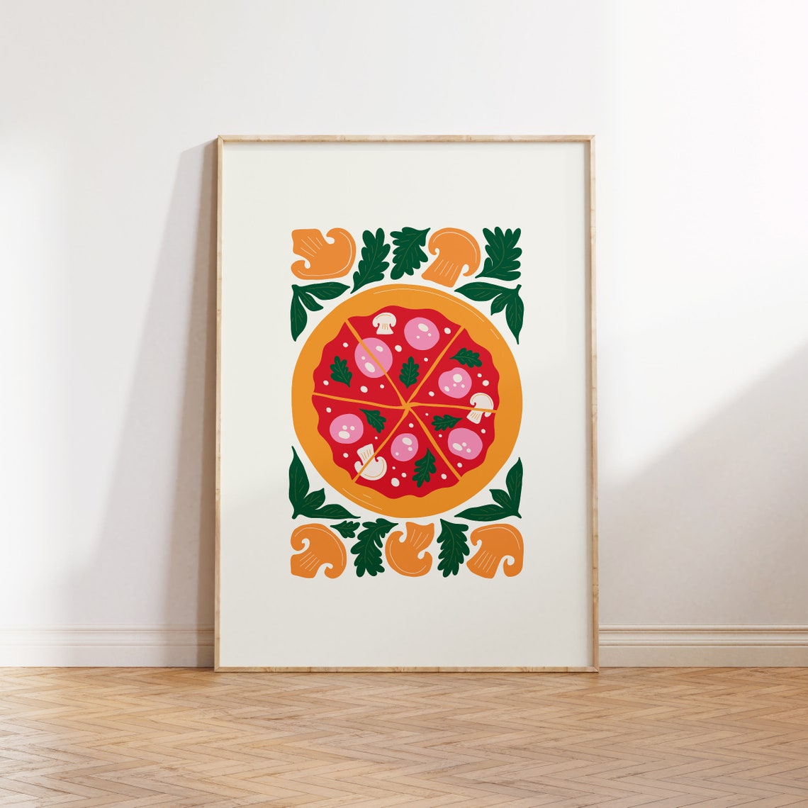 Pizza Folk Art Mushroom Basil Playful Kitchen Food Illustration Poster