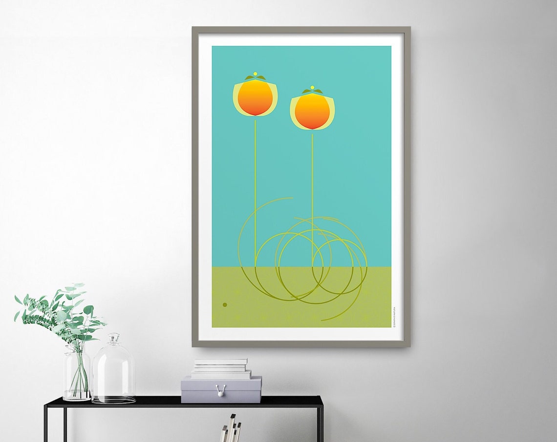 Orange Tulip Blooms Poster Retro Turquoise Botanical Modern Art