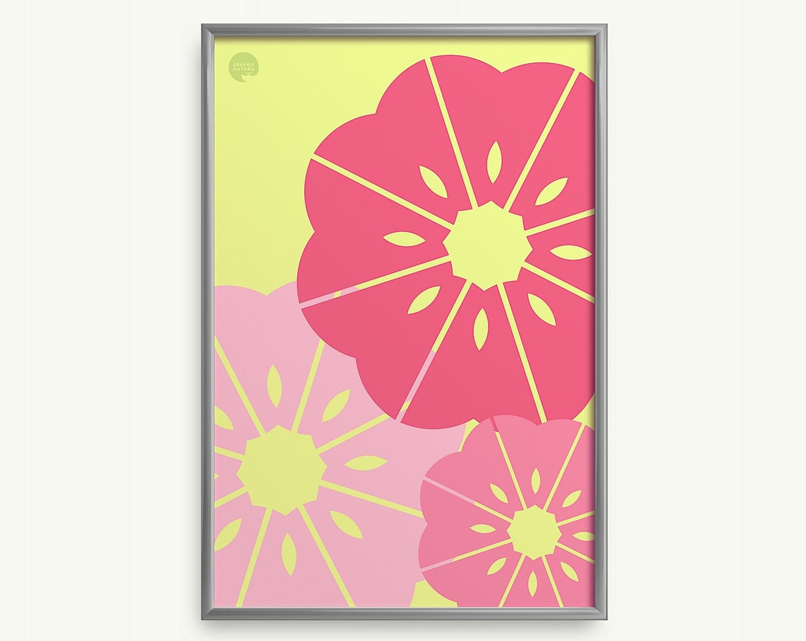 Watermelon Pink Geometric Blooms Poster Lime Ground Floral Art