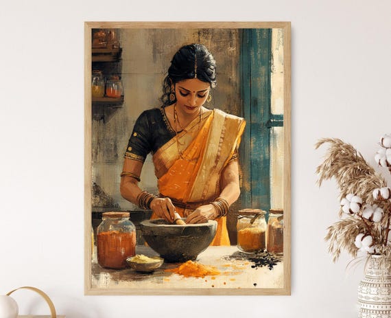 Indian Spice Grinding Art Print Rustic Kitchen Decor Indian Restaurant Decor