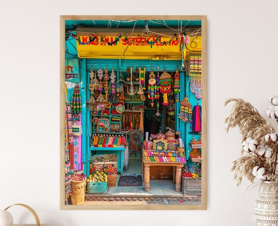 Colorful Indian Souvenir Shop Art Print Handcrafted Bazaar Decor Scene