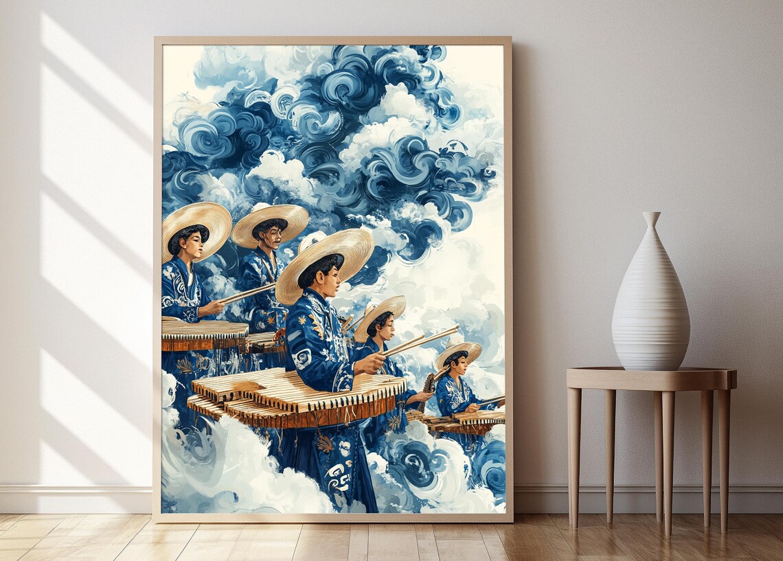 Nicaraguan Marimba Ensemble in Blue Robes Under a Swirling Sky Poster