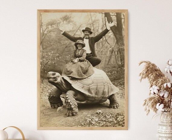 Victorian Couple Riding On The Back Of A Giant Tortoise Funny Poster