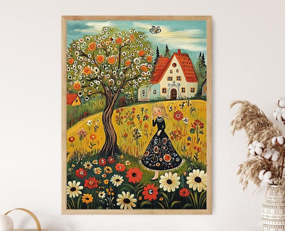 German Folk Art Print Whimsical Countryside Scene With Blossoming Tree
