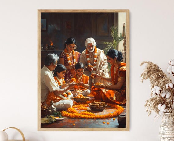 Gudi Padwa Family Art Hindu Festival Print Marathi New Year Painting Traditional Home Decor
