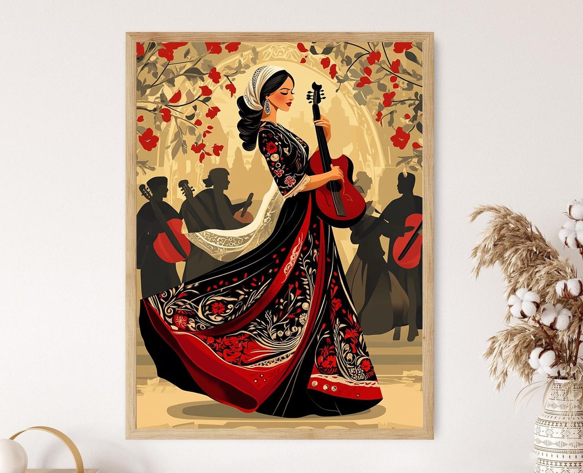 Palestinian Dabke Dance Art Print Traditional Thobe Dress Cultural Heritage Scene