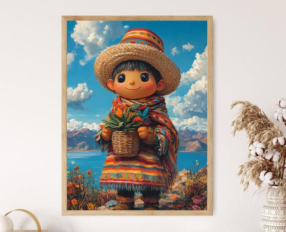 Bolivian Boy In Bowler Hat And Poncho Art Print Lake Titicaca Poster