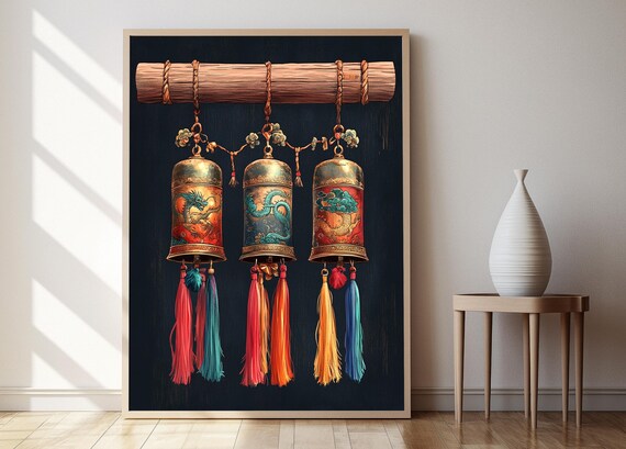 Nepalese Dragon Bell Illustration Folklore Bronze Ornament Art Print
