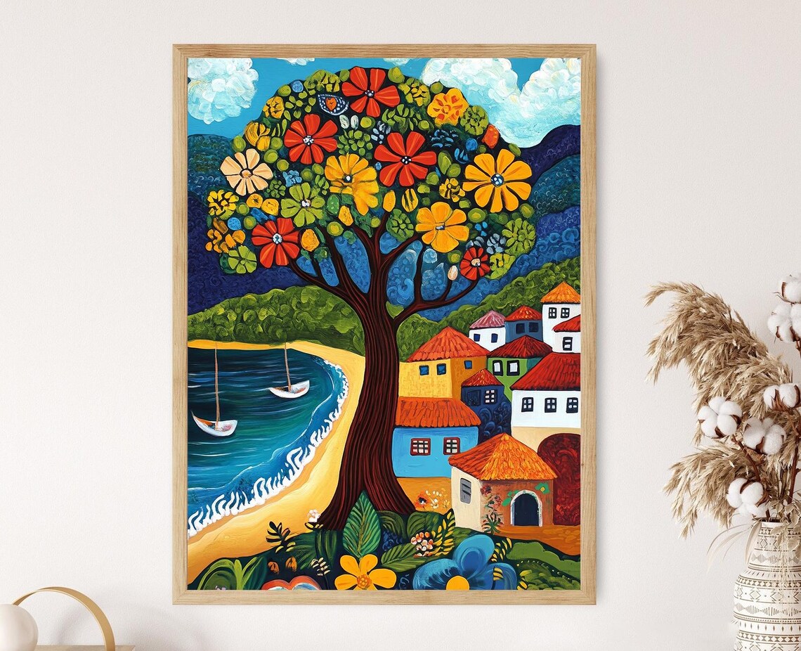Brazilian Naive Folk Art Flowering Tree Overlooking the Sea Poster