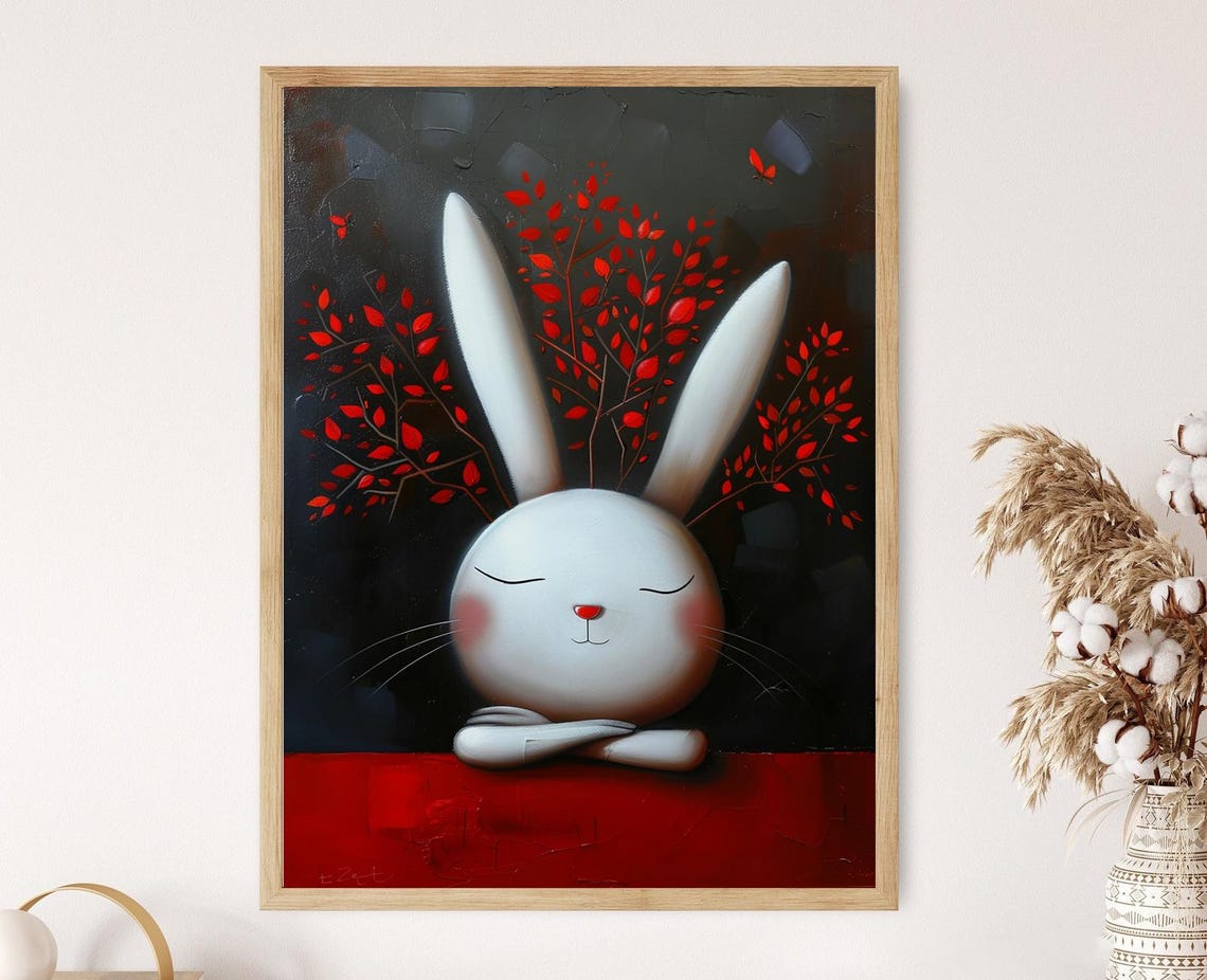 Cute White Bunny Sleeping Red Leaves Nursery Kids Whimsical Poster