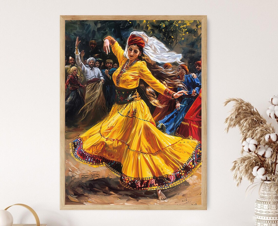 Kurdish Folk Dance Woman Yellow Dress Turban Heritage Art Poster