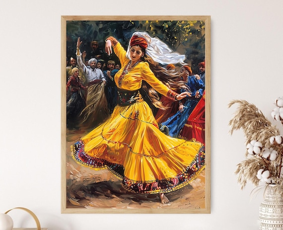 Kurdish Folk Dance Woman Yellow Dress Turban Heritage Art Poster