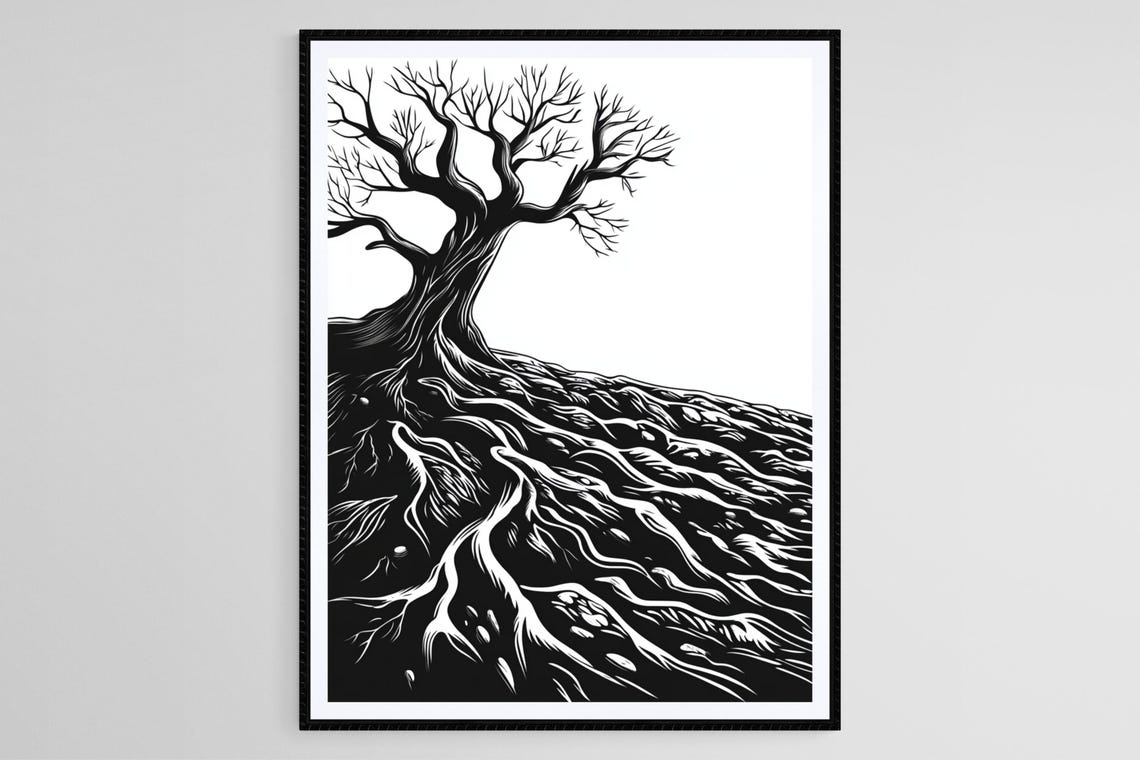 Tree With Roots Linocut Black And White Nature Art Minimalist Tree Print
