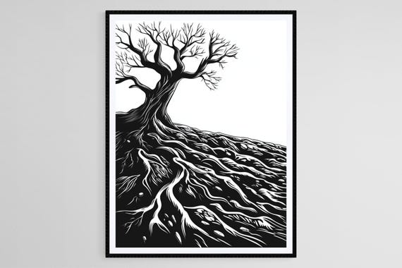 Tree With Roots Linocut Black And White Nature Art Minimalist Tree Print
