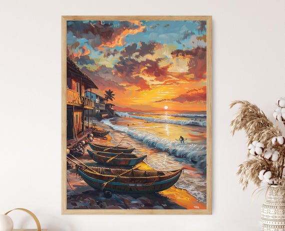 Charming Coastal Town Painting Huanchaco Art Print Reed Boats And Surfers