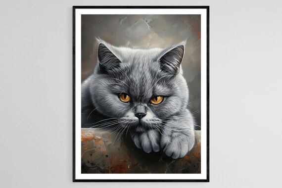 Grumpy Grey British Shorthair Cat Poster Close Up With Intense Amber Eyes