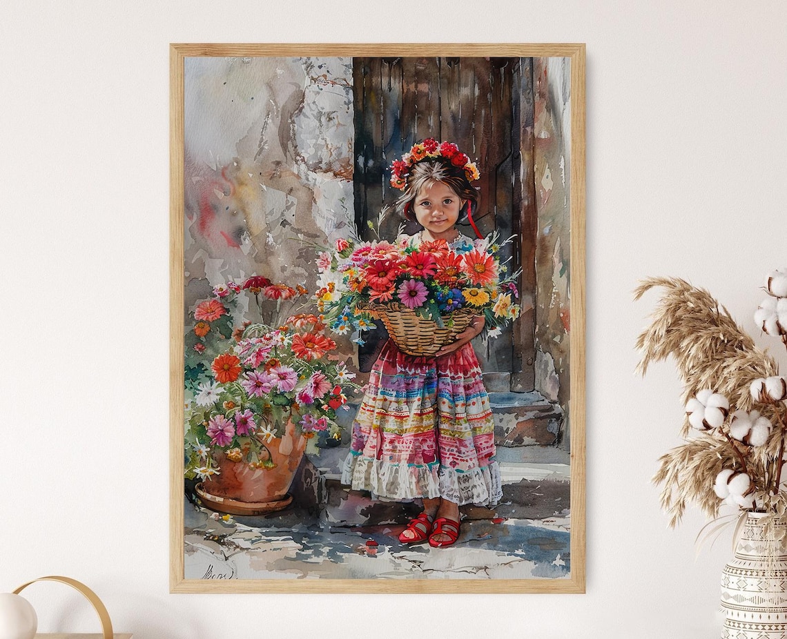 Little Mexican Girl Selling Flowers Art Print
