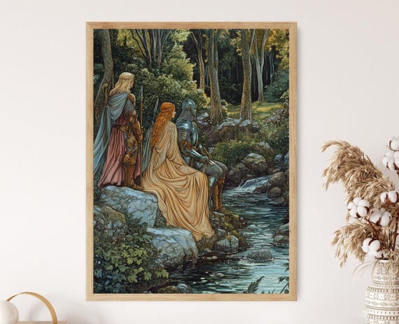 Pre Raphaelite Mythology Art Print Knights And Maidens By Stream