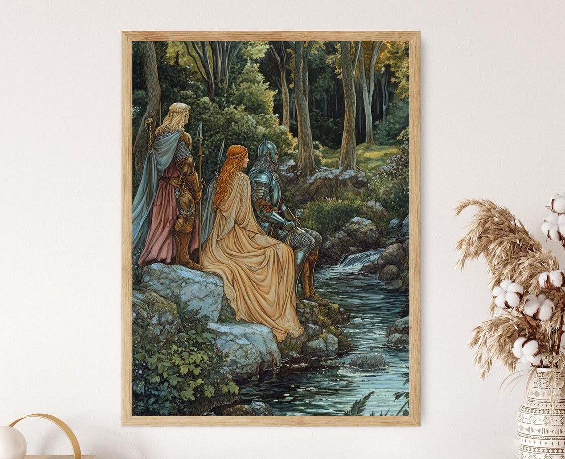 Pre Raphaelite Mythology Art Print Knights And Maidens By Stream