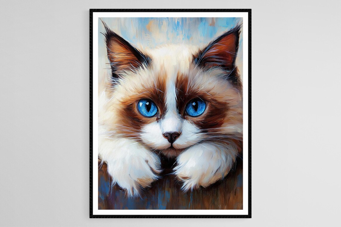 Blue-Eyed Ragdoll Kitten Close-Up Painterly Portrait Art Poster