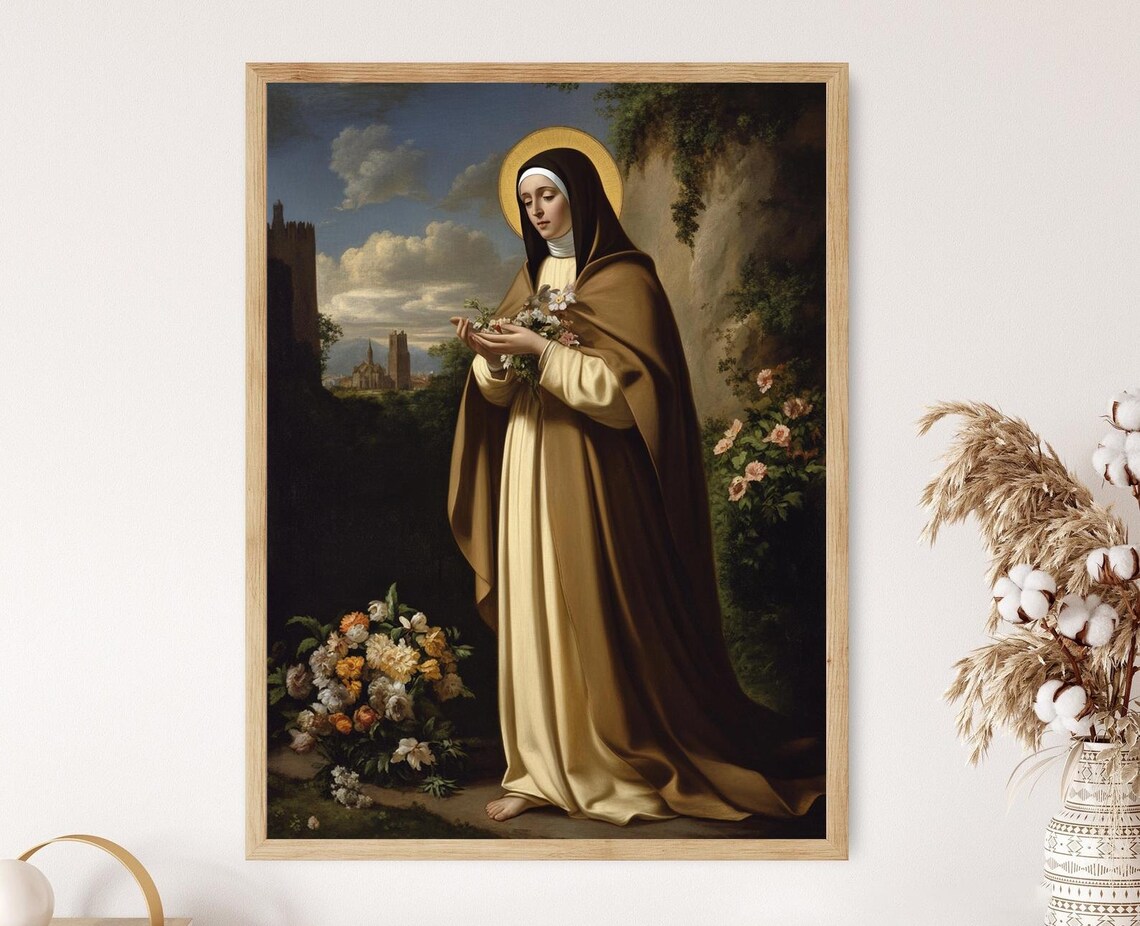 Saint Teresa of Avila With Golden Halo Floral Vintage Christian Art Poster